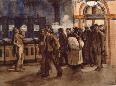 Arbeiter vom Bahnhof kommend